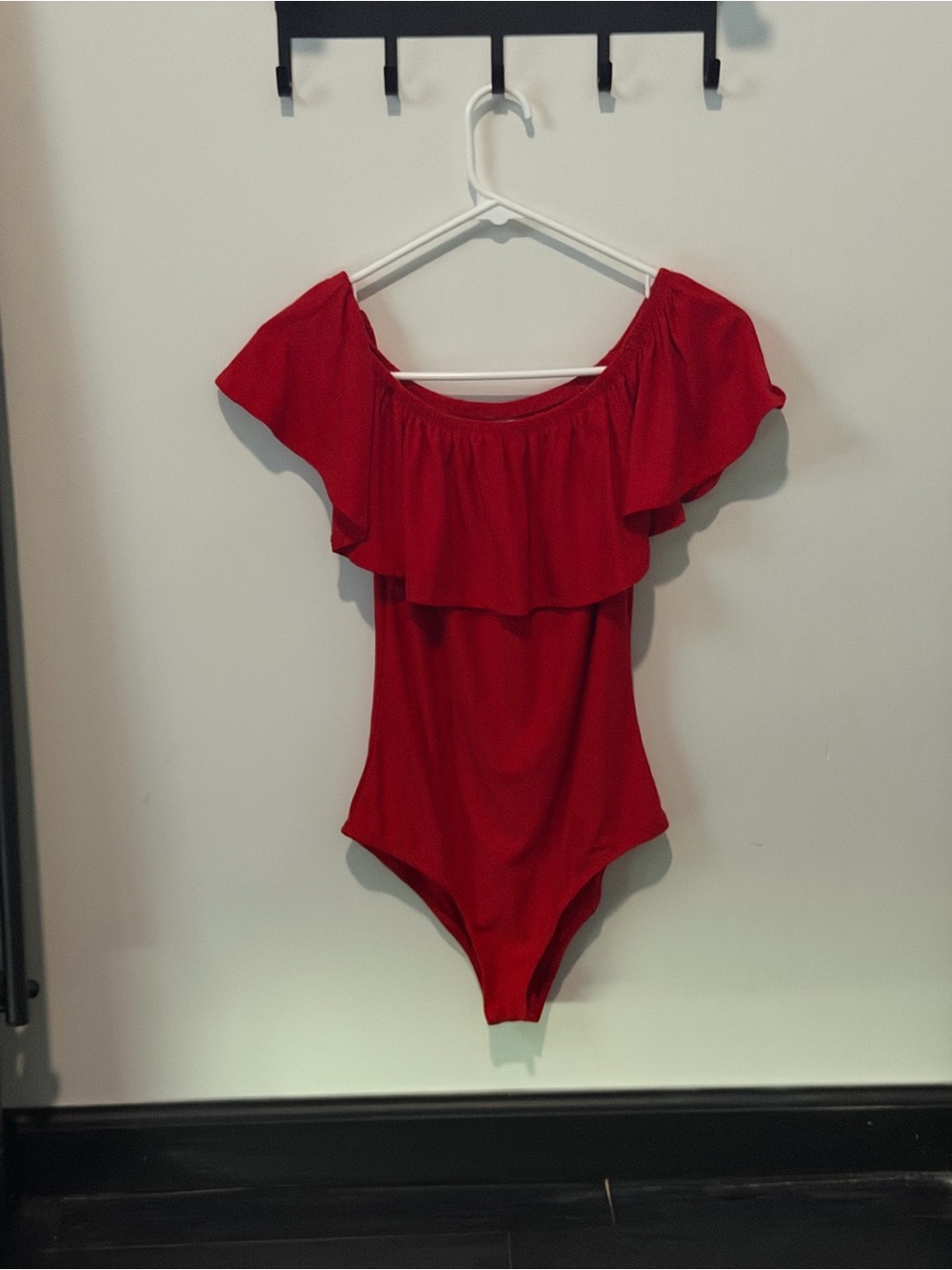 No Boundaries Red Off-Shoulder Ruffle One-Piece - Picture 3 of 4